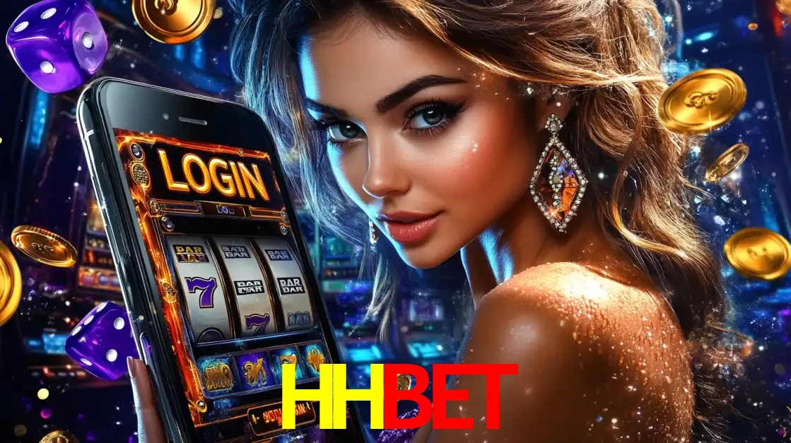 Mulher glamorosa segurando um smartphone com a tela de login para os jogos de caça-níqueis do cassino online HHBET, com moedas de ouro e dados ao redor.